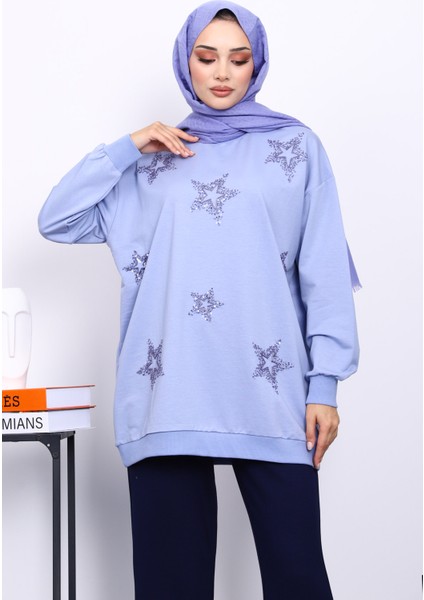 Lila Bisiklet Yaka Taşlı Modal Sweatshirt modelleri