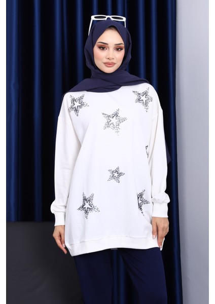 Ekru Bisiklet Yaka Taşlı Modal Sweatshirt