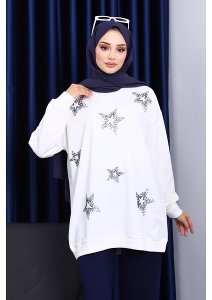 Ekru Bisiklet Yaka Taşlı Modal Sweatshirt fiyatları