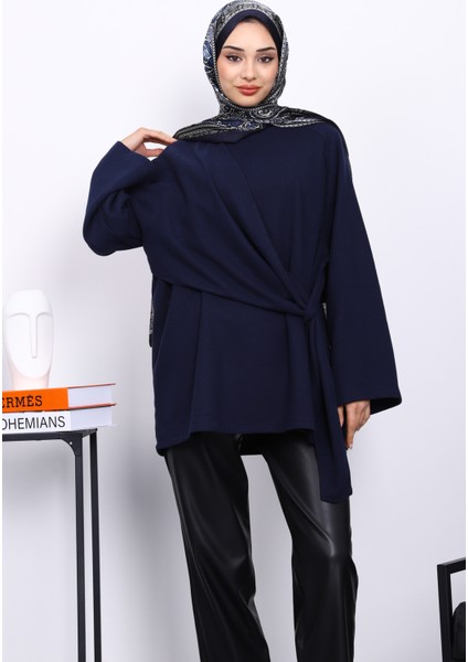 Lacivert Yandan Şallı Fitilli Tunik