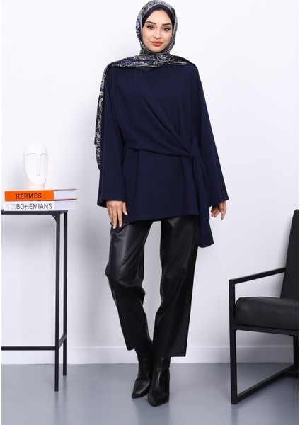 Lacivert Yandan Şallı Fitilli Tunik fiyatları