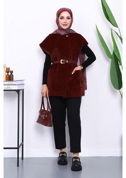 Bordo Cepli Kemerli Kaşe Yelek fiyatları