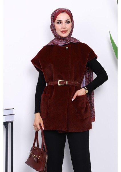 Bordo Cepli Kemerli Kaşe Yelek modelleri