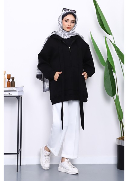 Siyah Bağcık Detaylı Üç İplik Kapşonlu Hırka fiyatları