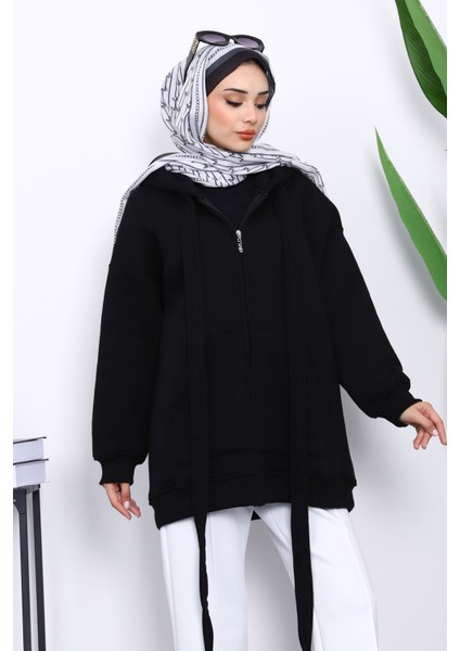 Siyah Bağcık Detaylı Üç İplik Kapşonlu Hırka modelleri