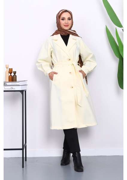 Krem Balon Kol Bel Kemerli Kaşe Kaban