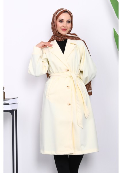 Krem Balon Kol Bel Kemerli Kaşe Kaban modelleri