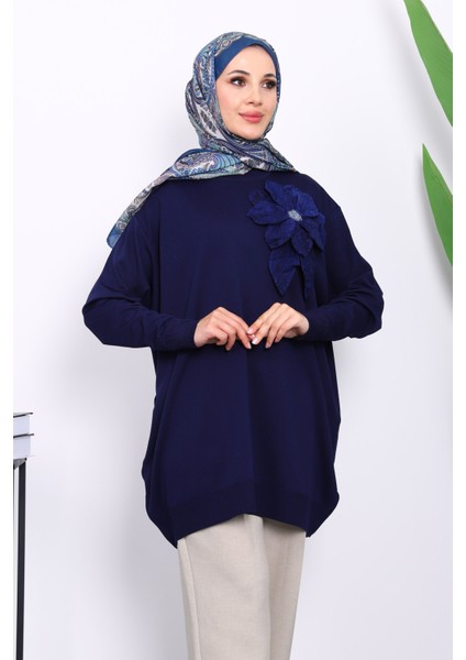 Lacivert Soğuk İplik Çiçek Detaylı Triko Tunik modelleri