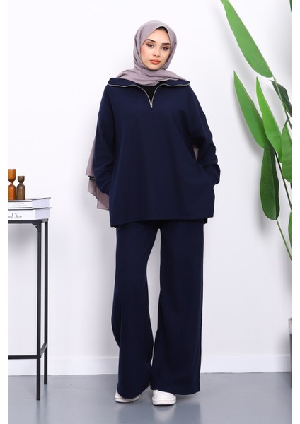 Lacivert Yaka Fermuarlı Tunik Pantolonlu Fitilli Takım