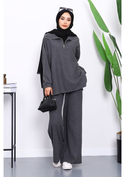 Füme Yaka Fermuarlı Tunik Pantolonlu Fitilli Takım