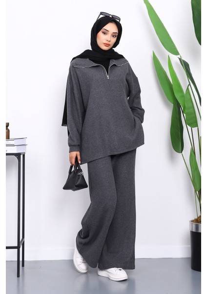 Füme Yaka Fermuarlı Tunik Pantolonlu Fitilli Takım fiyatları