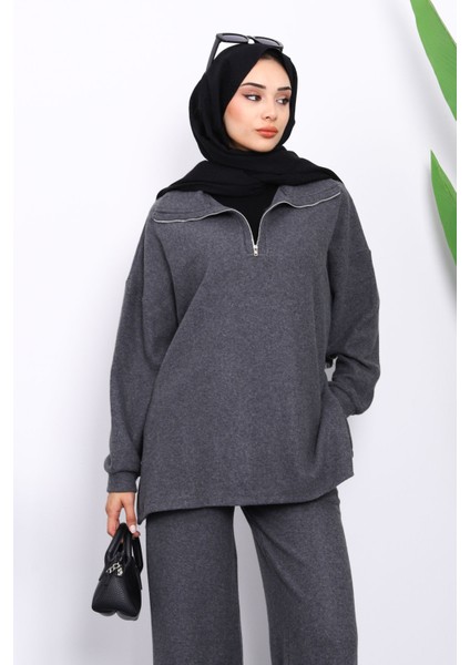 Füme Yaka Fermuarlı Tunik Pantolonlu Fitilli Takım modelleri