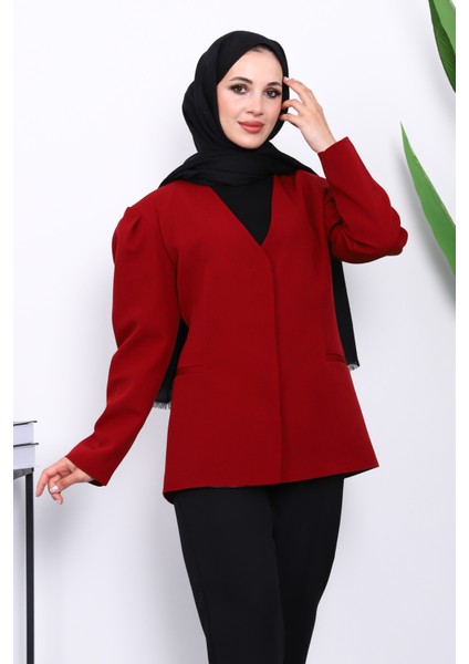 Bordo Vatkalı Düğmeli Ceket
