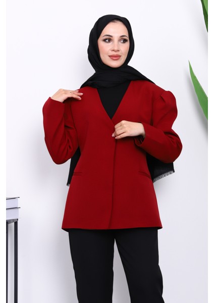 Bordo Vatkalı Düğmeli Ceket modelleri