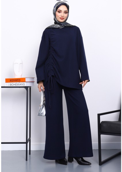 Lacivert Büzgü Detaylı Fitilli Tunik Pantolonlu Takım