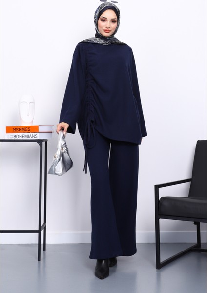 Lacivert Büzgü Detaylı Fitilli Tunik Pantolonlu Takım fiyatları