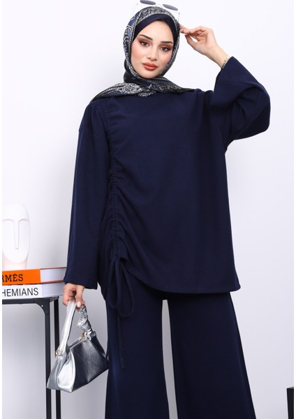 Lacivert Büzgü Detaylı Fitilli Tunik Pantolonlu Takım modelleri