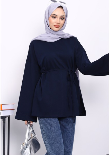 Lacivert Dikiş Detaylı Yanları Yırtmaçlı Sweatshirt