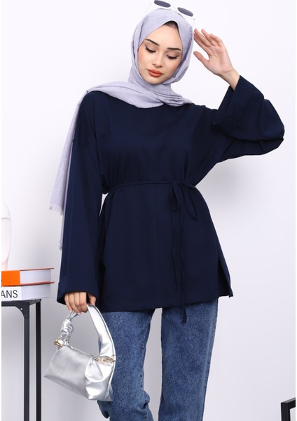 Lacivert Dikiş Detaylı Yanları Yırtmaçlı Sweatshirt modelleri