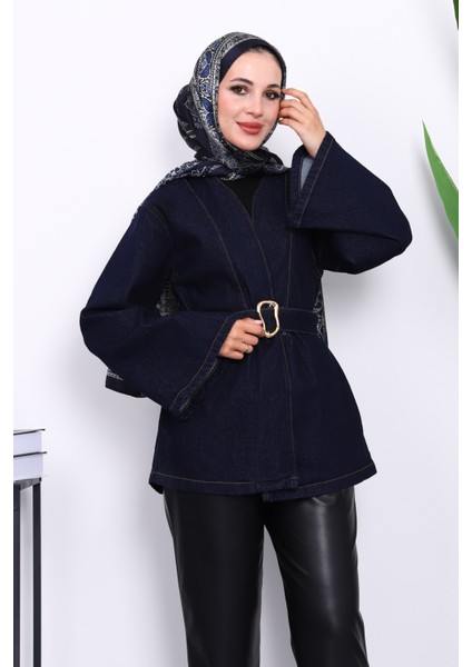 Lacivert Geniş Kol Kemerli Kot Ceket modelleri