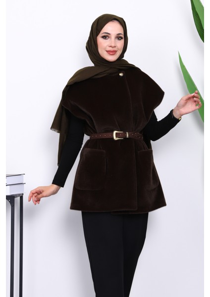 Koyu Kahve Cepli Kemerli Kaşe Yelek