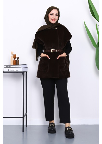 Koyu Kahve Cepli Kemerli Kaşe Yelek fiyatları