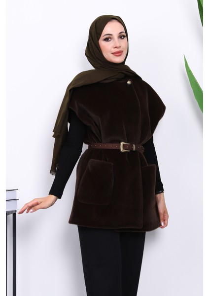 Koyu Kahve Cepli Kemerli Kaşe Yelek modelleri