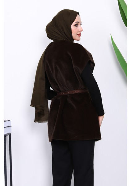 Koyu Kahve Cepli Kemerli Kaşe Yelek fırsatları
