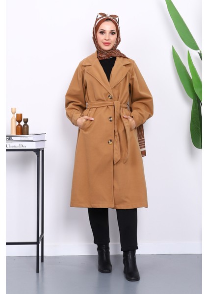 Camel Balon Kol Bel Kemerli Kaşe Kaban