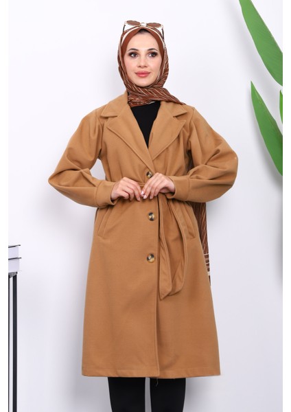 Camel Balon Kol Bel Kemerli Kaşe Kaban modelleri