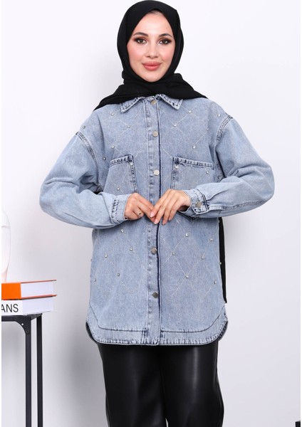 Mavi Taş İşlemeli Kot Ceket