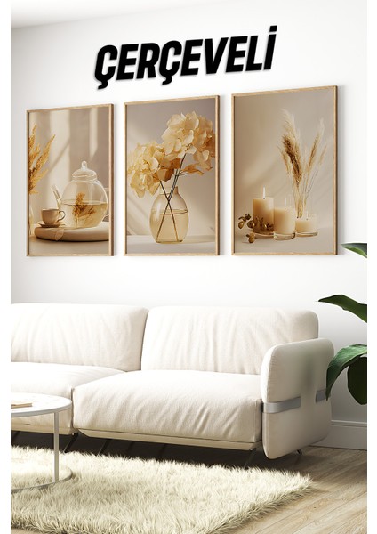 🌾 Sıcak Bej Tonlarında Şık 3'lü Çerçeveli Tablo Seti🌿 CRV1168 23 x 32