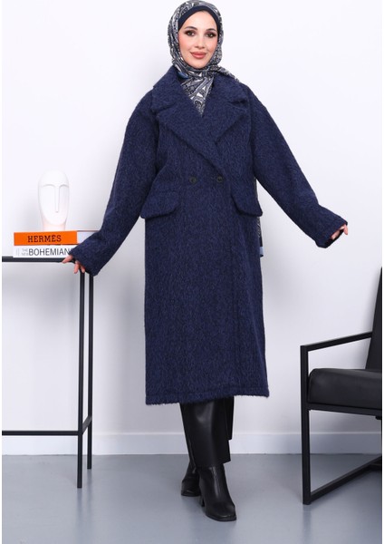 Lacivert Kruvaze Yaka Astarlı Kaşe Kaban