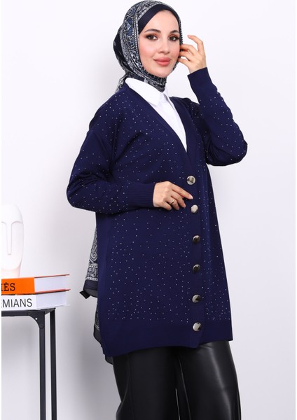 Lacivert Soğuk İplik Taşlı Triko Hırka
