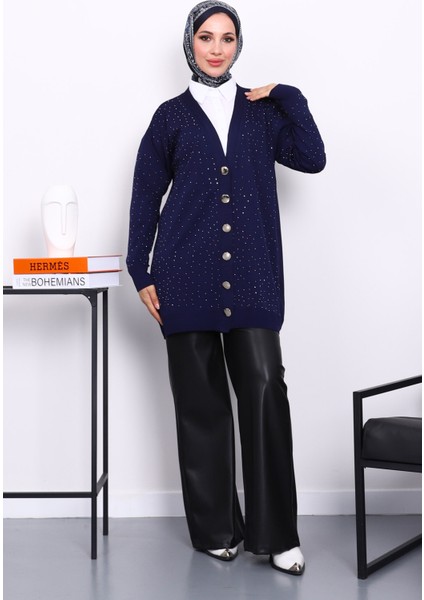 Lacivert Soğuk İplik Taşlı Triko Hırka fiyatları