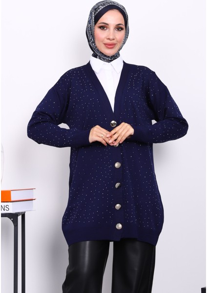 Lacivert Soğuk İplik Taşlı Triko Hırka modelleri