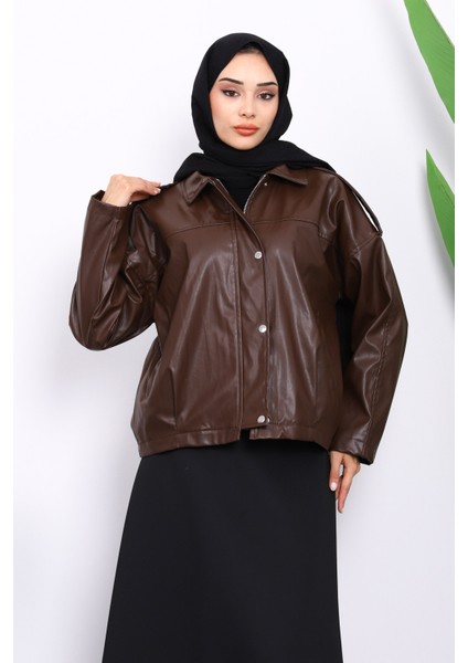 Kahverengi Omuz Apoletli Deri Ceket