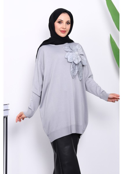 Gri Soğuk İplik Çiçek Detaylı Triko Tunik modelleri