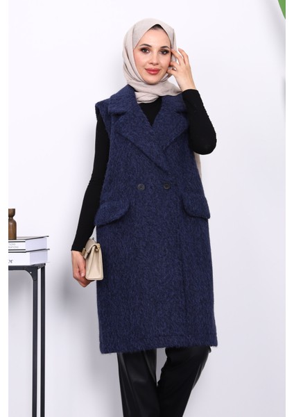 Lacivert Kruvaze Yaka Astarlı Kaşe Yelek