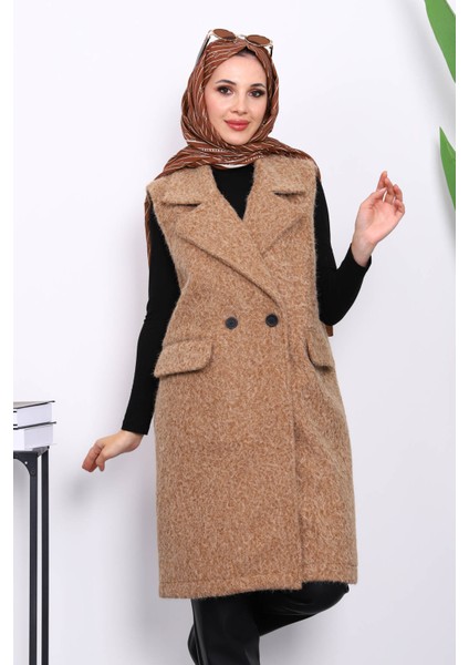 Vizon Kruvaze Yaka Astarlı Kaşe Yelek