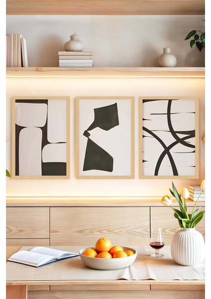 🖼️ Siyah-Beyaz Modern Soyut Desenli 3'lü Çerçeve Görünümlü Tablo Seti🌟 CRVS1151 13 x 17