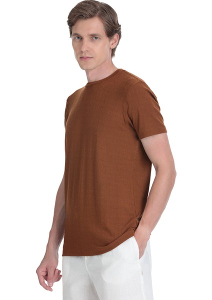 Kahverengi Regular Fit Bisiklet Yaka Tişört modelleri