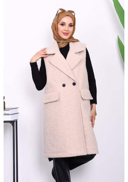 Bej Kruvaze Yaka Astarlı Kaşe Yelek