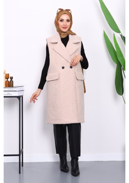 Bej Kruvaze Yaka Astarlı Kaşe Yelek fiyatları