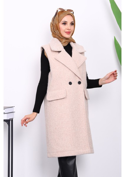 Bej Kruvaze Yaka Astarlı Kaşe Yelek modelleri