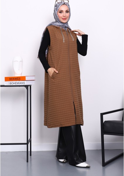 Kahverengi Kapitone Fermuarlı Kapşonlu Yelek fiyatları
