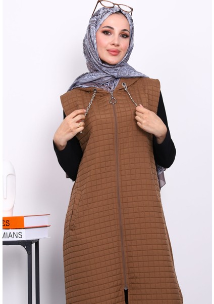Kahverengi Kapitone Fermuarlı Kapşonlu Yelek modelleri