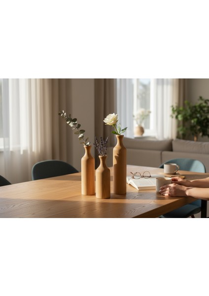 3'lü Ahşap Vazo Seti