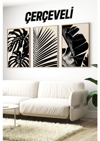 🖤 Siyah Beyaz Tropikal Yaprak Temalı 3’lü Çerçeveli Tablo Seti🌿 CRV1160 23 x 32