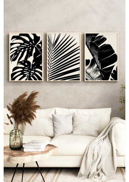 🖤 Siyah Beyaz Tropikal Yaprak Temalı 3’lü Çerçeveli Tablo Seti🌿 CRV1160 23 x 32 fırsatları